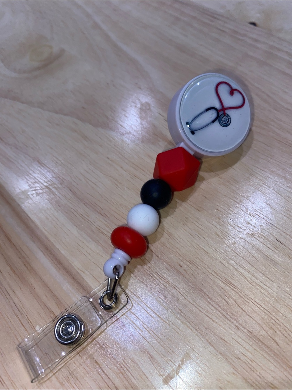 Heart Stethoscope Badge Reel with Red, Black & White Beads